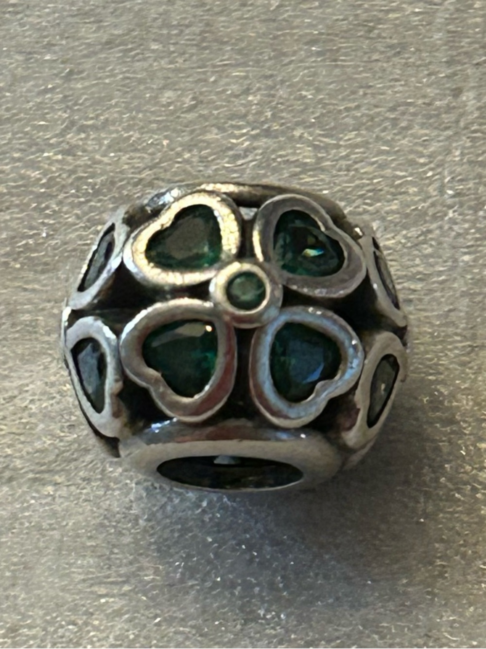 Pandora Silver Clover Heart Charm with Green Stones
